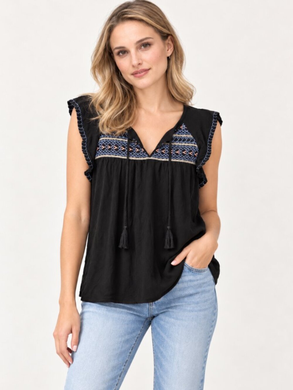 NWT Sanctuary Black Embroidered Ruffle Sleeve Knit Top Modal Size XS